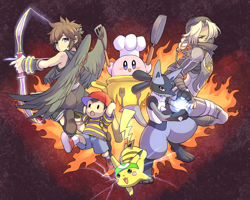 2boys alternate_color bad_id bad_pixiv_id baseball_bat black_eyes black_hair blonde_hair blue_eyes bow_(weapon) brown_hair copy_ability frying_pan gen_1_pokemon gen_4_pokemon hat headband kid_icarus kirby kirby_(series) kudou_akira lucario mother_(game) mother_2 multiple_boys ness pikachu pit_(kid_icarus) pokemon pokemon_(creature) princess_zelda red_eyes sheik spatula super_smash_bros. the_legend_of_zelda the_legend_of_zelda:_ocarina_of_time weapon wings