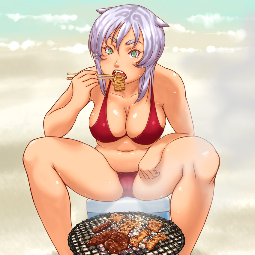 beach bikini breasts chopsticks cleavage collarbone eating fangs food green_eyes grill hakusan_tora highres kamisuki large_breasts looking_at_viewer meat navel open_mouth original red_bikini shichirin silver_hair sitting solo spread_legs swimsuit