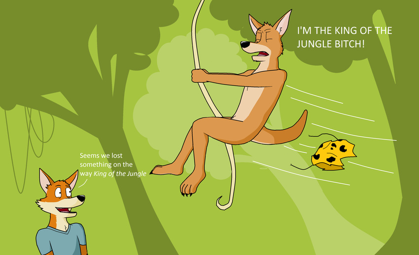 2013 anthro canine claws clothed clothing dan dream fox friends fur hindpaw humor josh jungle kangaroo laugh loincloth male mammal marsupial ms_paint nude paintfox paws raised_tail screaming shirt swinging tarzan text the_crappy_paint_job toe_claws vine