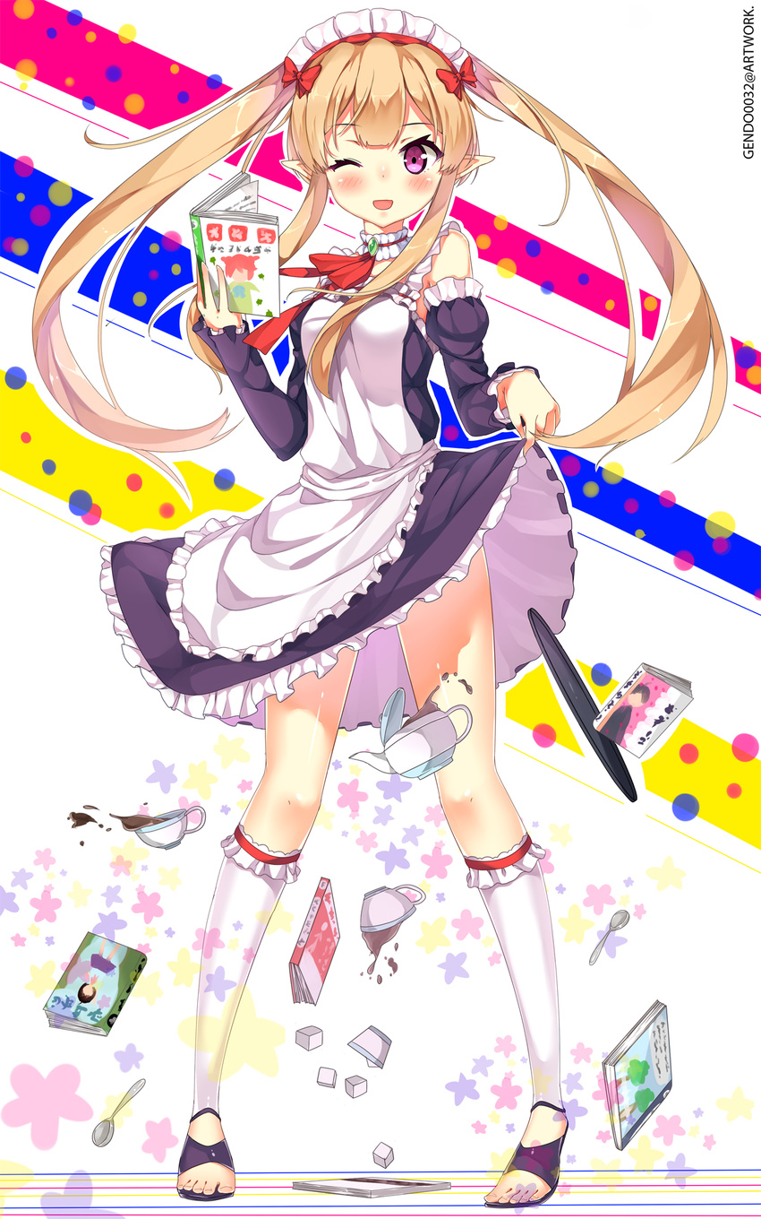 apron artist_name bangs blonde_hair blush book bow coffee collar cup detached_sleeves dress dress_lift elf flower frilled_collar frilled_dress frilled_legwear frills full_body gendo0032 high_heels highres jewelry kneehighs long_hair long_sleeves maid maid_apron maid_headdress myucel_foalan one_eye_closed outbreak_company pointy_ears purple_eyes ribbon smile solo spilling spoon standing sugar_cube teacup teapot toes tray twintails very_long_hair white_legwear