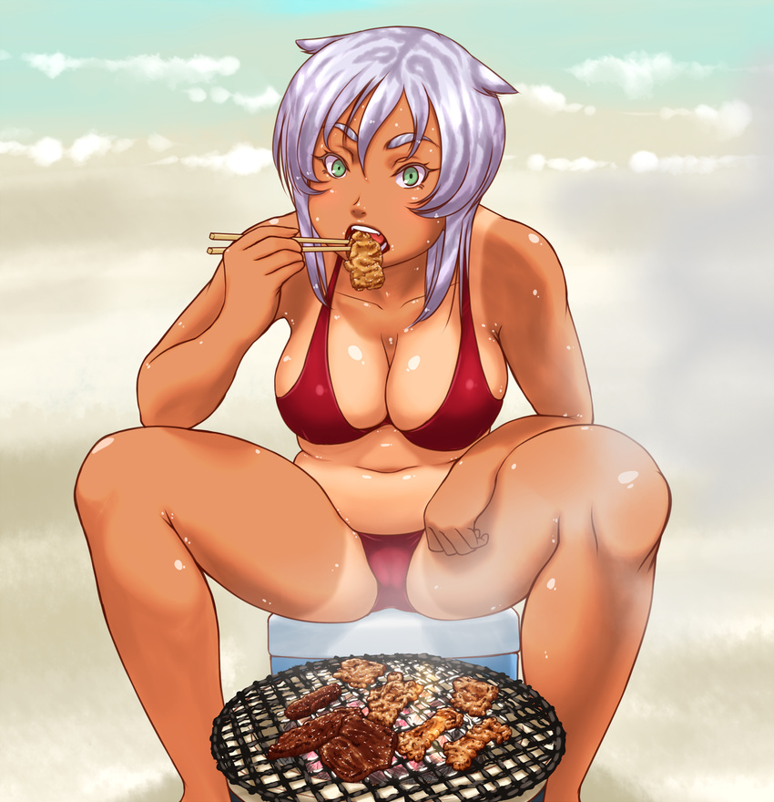 beach bikini breasts chopsticks cleavage collarbone eating fangs food green_eyes grill hakusan_tora highres kamisuki large_breasts looking_at_viewer meat navel one-piece_tan open_mouth original red_bikini shichirin silver_hair sitting solo spread_legs swimsuit tan tanline