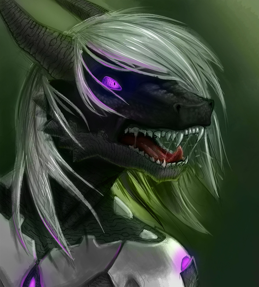 angry armor brendavid cyborg dragon glowing glowing_eyes hair horn invalid_color lights open_mouth purple_eyes robot_suit saliva scales silver_hair snarling solo tongue