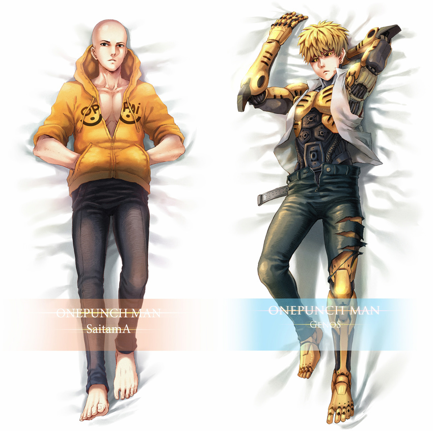 bald barefoot black_eyes black_sclera blonde_hair character_name copyright_name cyborg dakimakura english genos hand_behind_head hands_in_pockets highres hood hoodie isakhaya leather leather_pants looking_at_viewer lying male_focus multiple_boys on_back one-punch_man open_clothes open_shirt oppai_hoodie pants saitama_(one-punch_man) shirt shirtless torn_clothes torn_pants