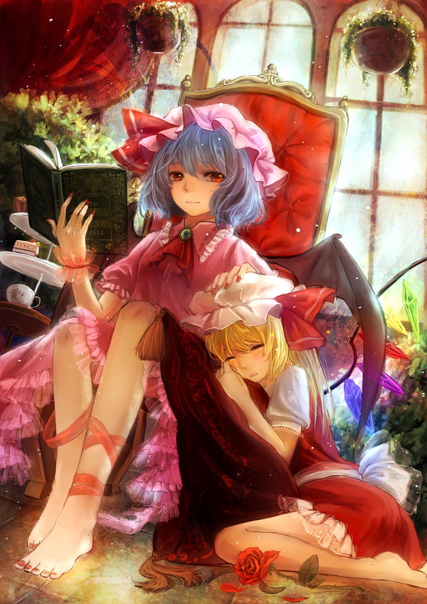 absurdres ascot barefoot bat_wings blonde_hair blue_hair bonnet book brooch cake chair closed_eyes cup dress flandre_scarlet flower food frills guan_tang_baozi hand_on_head hat hat_ribbon highres jewelry leg_ribbon looking_at_viewer mob_cap multiple_girls nail_polish pink_dress plant potted_plant puffy_sleeves reading red_dress red_eyes red_flower red_nails red_rose remilia_scarlet ribbon rose sash short_sleeves siblings side_ponytail sisters sitting smile teacup tiered_tray tile_floor tiles toenails touhou wariza window wings wrist_cuffs