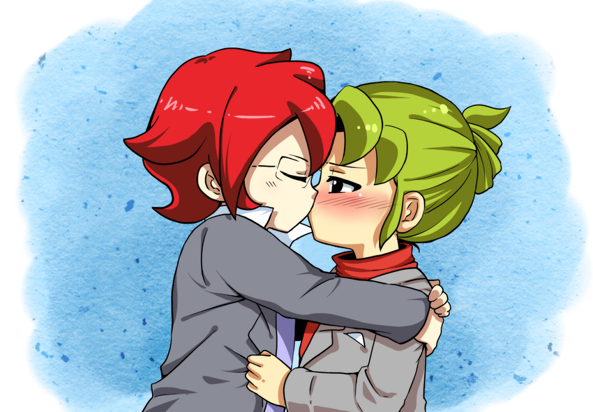 2boys blush child glasses green_eyes green_hair highres hug inazuma_eleven inazuma_eleven_(series) jacket kiss kiyama_hiroto male male_focus midorikawa_ryuuji moxue_qianxi multiple_boys ponytail red_hair shirt simple_background yaoi