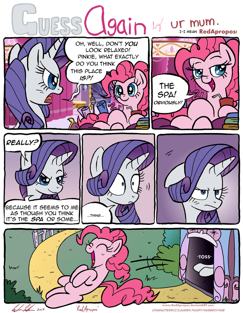 absurd_res blue_eyes comic cup dialog drink english_text equine fabric female friendship_is_magic hair hi_res horn horse mammal my_little_pony pink_hair pinkie_pie_(mlp) pony purple_hair rarity_(mlp) redapropos sitting straw text unicorn