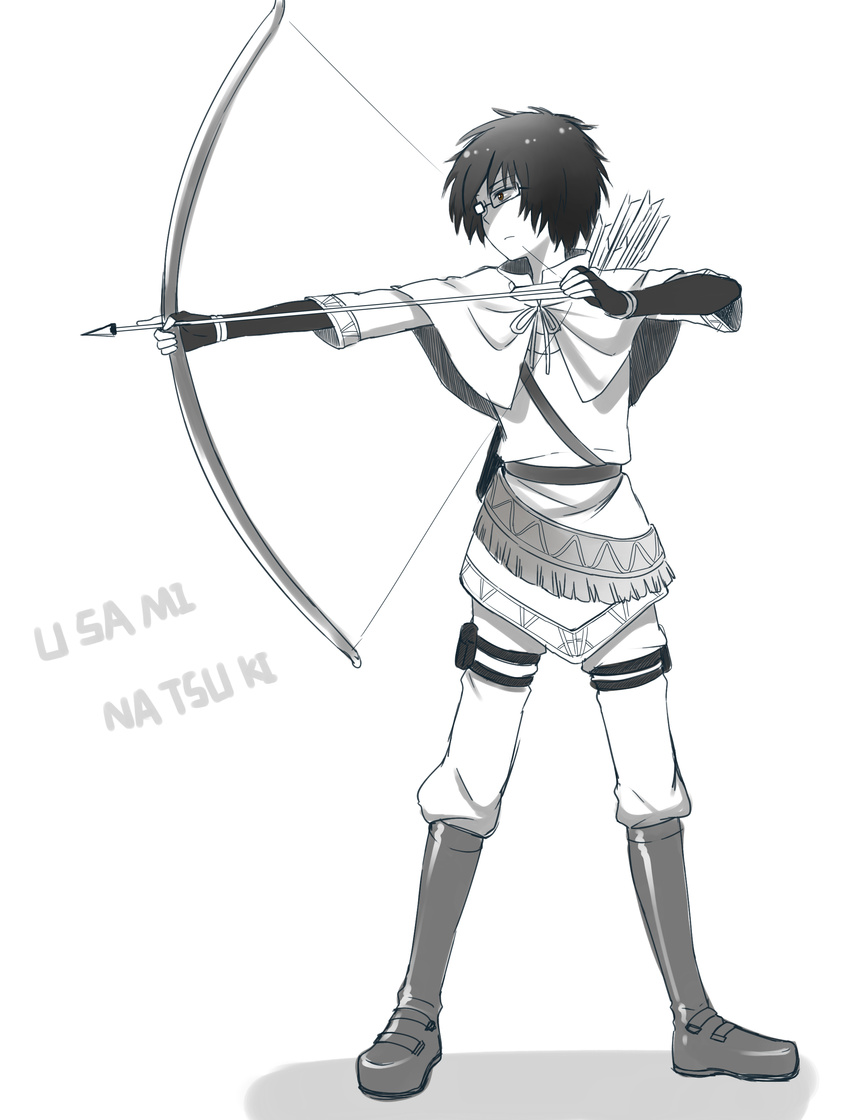 1boy 2012 absurdres arrow belt boots bow_(weapon) cape character_name glasses highres male male_focus monochrome moxue_qianxi pants shirt short_hair simple_background solo standing tsuritama usami_natsuki weapon