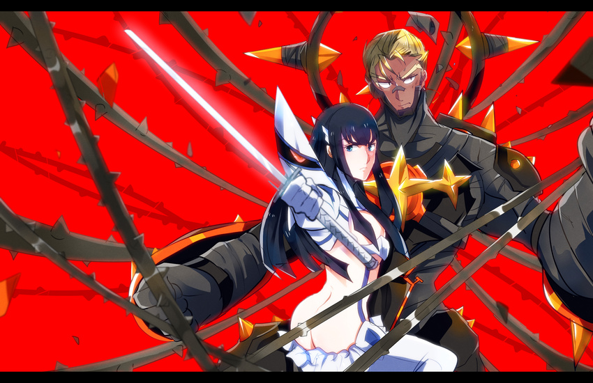 1girl airagency1005 armor ass black_hair blonde_hair gamagoori_ira highres junketsu kill_la_kill kiryuuin_satsuki revealing_clothes scourge_regalia sword weapon