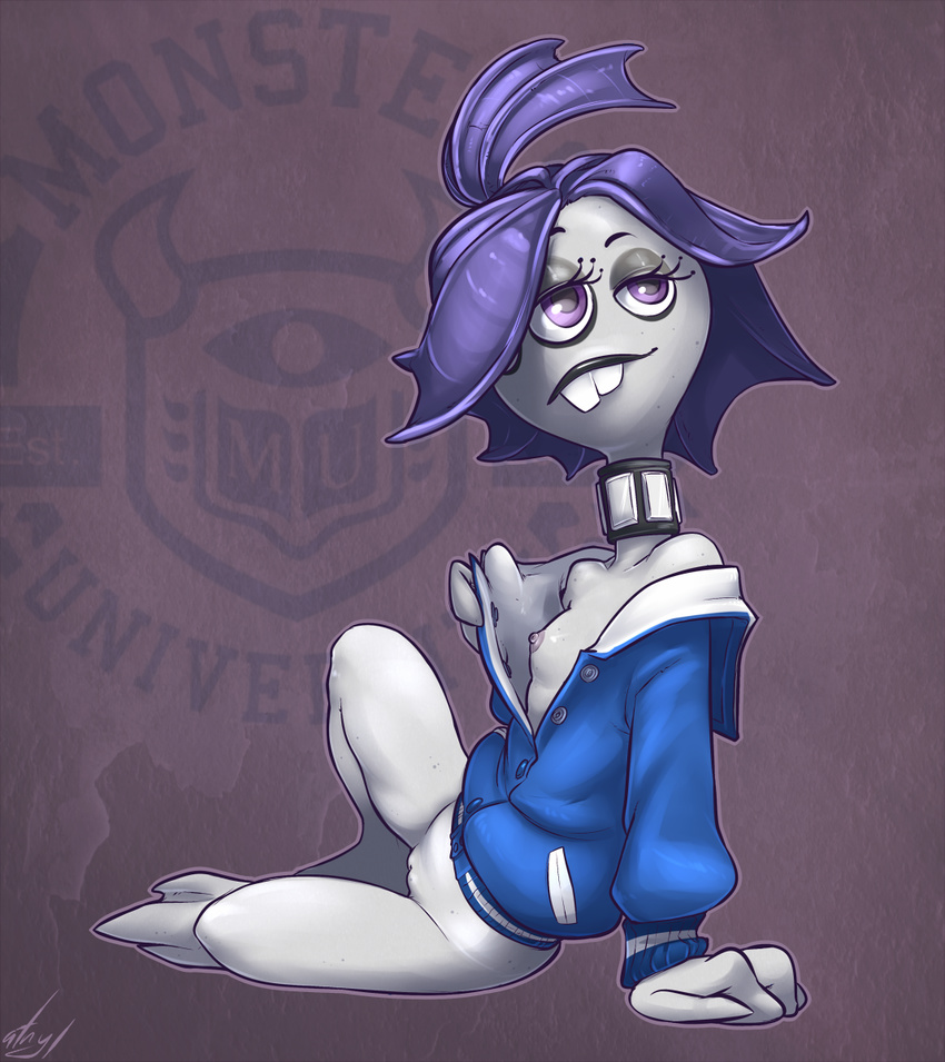 bottomless buckteeth claire_wheeler disney exposed_breast female jacket monster monsters_university multiple_eyes pixar purple_eyes pussy solo wide_hips