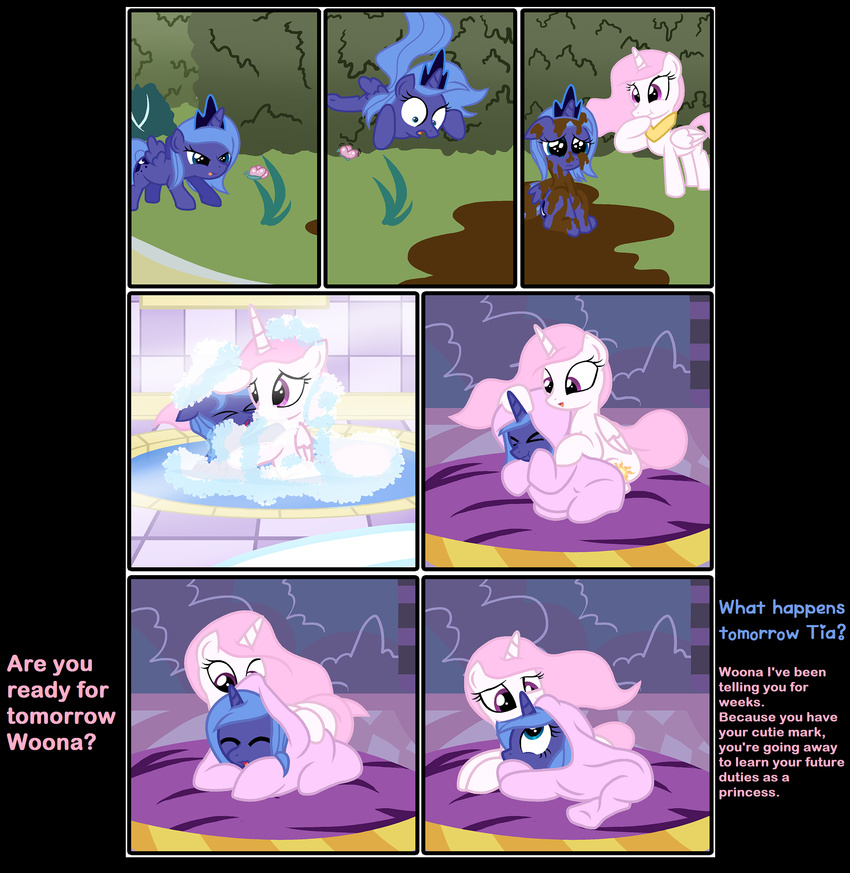 bathing blue_eyes blue_fur blue_hair bushes butterfly comic crown cub cutie_mark dirty drying english_text equine eyes_closed female feral friendship_is_magic fur hair hi_res horn horse insect jumping lying mammal mud my_little_pony open_mouth outside pink_hair pony princess_celestia_(mlp) princess_luna_(mlp) purple_eyes pyruvate sad scrunchy_face sibling sisters smile text tongue tongue_out towel white_fur winged_unicorn wings young