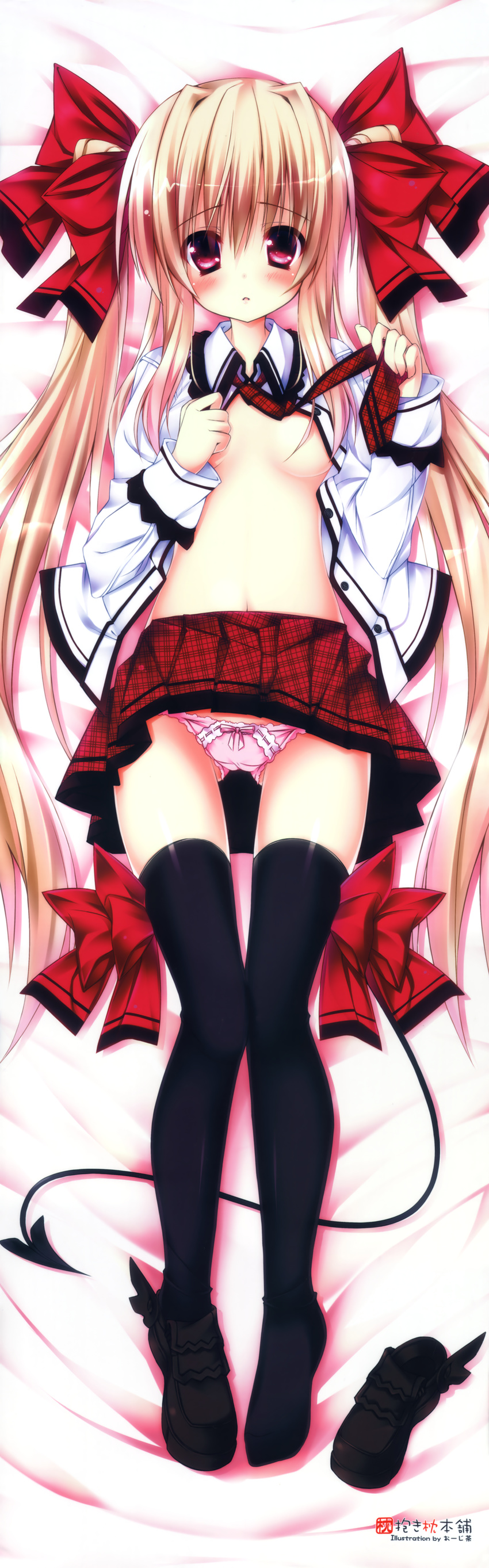 absurdres bed bed_sheet black_legwear blonde_hair blush bow breasts dakimakura demon_tail full_body hair_bow highres huge_filesize legs long_hair long_sleeves looking_at_viewer lying no_bra on_back on_bed ooji_cha open_clothes open_shirt panties panty_pull pink_panties red_eyes shirt small_breasts solo tail thighhighs underwear