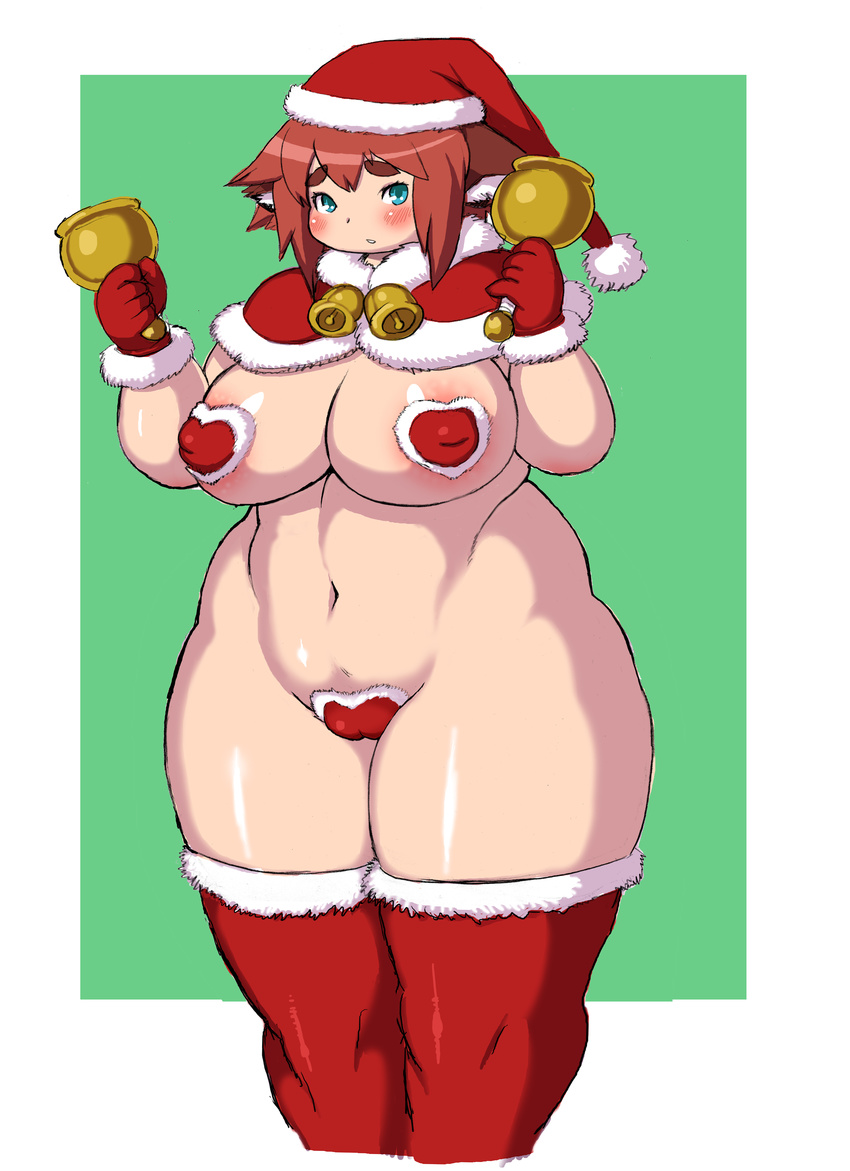 1girl absurdres animal_ears areola_slip areolae bell blue_eyes breasts brown_hair cameltoe cape christmas dog_ears fat female gloves hat highres huge_breasts kjmvideo large_areolae navel nude original pasties pussy santa_hat short_hair simple_background solo standing thighhighs