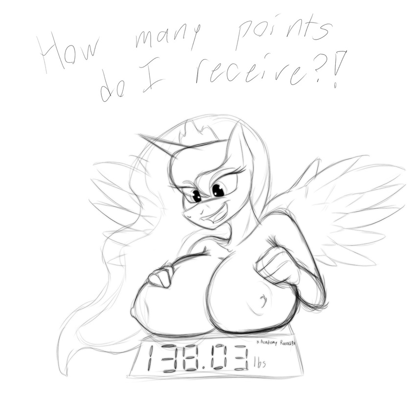 anthro anthrofied big_breasts black_and_white breasts crown dialog english_text equine female friendship_is_magic hair horn horse jrvanesbroek mammal monochrome my_little_pony nipples nude plain_background pony princess_luna_(mlp) scale solo text weighing_scale weight_scale white_background winged_unicorn wings