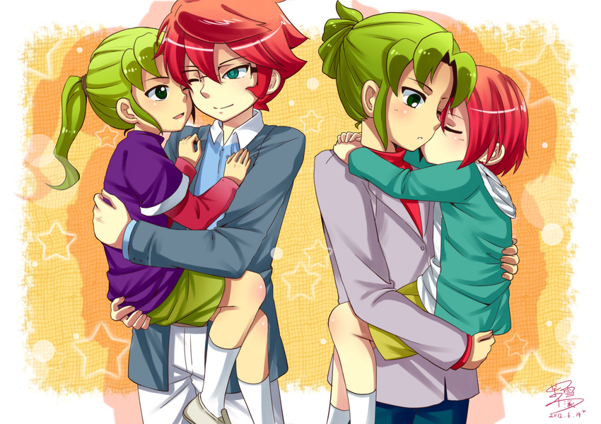 2boys ;) absurdres blush child dated eyes_closed green_eyes green_hair highres hood hoodie hug inazuma_eleven inazuma_eleven_(series) jacket kiss kiyama_hiroto male male_focus midorikawa_ryuuji moxue_qianxi multiple_boys one_eye_closed open_mouth pants ponytail red_hair shirt shoes shorts smile socks standing star stars t-shirt wink yaoi