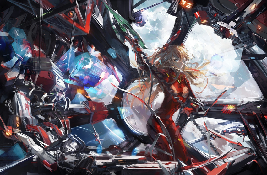 aircraft airplane arm_up armpits bandage_over_one_eye bandages bangs blue_eyes bodysuit bracer breasts closed_mouth cloud cockpit condensation_trail evangelion:_3.0_you_can_(not)_redo fighter_jet floating_hair from_side gloves hair_between_eyes headgear holding holding_weapon holographic_interface jet long_hair looking_at_viewer medium_breasts military military_vehicle neon_genesis_evangelion number orange_hair over_shoulder pilot_suit plugsuit polearm rebuild_of_evangelion serious shikinami_asuka_langley sketch skinny sky solo souryuu_asuka_langley spear spear_of_cassius standing stu_dts tape turtleneck untied weapon weapon_over_shoulder