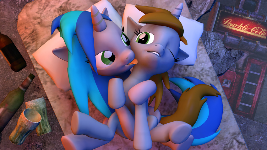 3d absurd_res absured_res cgi equine fallout_equestria female feral friendship_is_magic hair hi_res homage_(mlp) horn horse licking littlepip_(mlp) mammal my_little_pony mynokiarules pony tongue unicorn vinyl_scratch_(mlp)