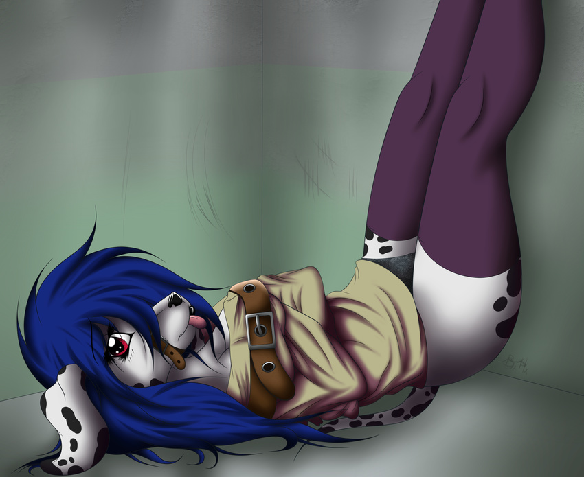 anthro asylum belt black-husky black_lips blue_hair bound canine dalmatian dog female floppy_ears hair invalid_tag laying_back legs_up legwear lying mammal on_back panties pinup pose red_eyes smile solo spots stockings straitjacket tongue underwear