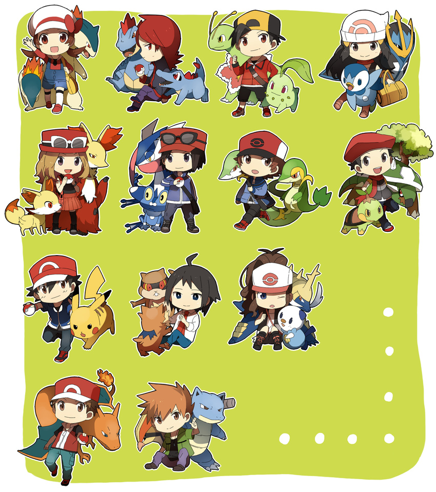 4girls 6+boys ahoge bag baseball_cap bent_knees black_hair black_legwear black_pantyhose blastoise blue_eyes bow braixen brown_hair calem_(pok&eacute;mon) calme_(pokemon) charizard cheren_(pokemon) chikorita cyndaquil denim diamond_(pokemon) dog dragon ears empoleon everyone fangs female fennekin feraligatr fire_(pokemon) froakie glasses_on_head goggles gold_(pokemon) green_background greninja group handbag happy hat hat_bow heiwa_(murasiho) highres hikari_(pokemon) jacket jeans kotone_(pokemon) lillipup long_hair male meganium multiple_boys multiple_girls necktie nintendo one_arm_up ookido_green open_mouth oshawott pants pantyhose patrat pidgeot pikachu piplup poke_ball pokemon pokemon_(game) pokemon_xy purse red_hair samurott satoshi_(pokemon) serena_(pokemon) serperior shirt shoes short_hair shoulder_bag silver_(pokemon) simple_background sitting sitting_on_floor smile sneakers snivy socks sunglasses sunglasses_on_head thighhighs tongue torterra totodile touko_(pokemon) touya_(pokemon) turtwig twintails typhlosion white_shirt wink