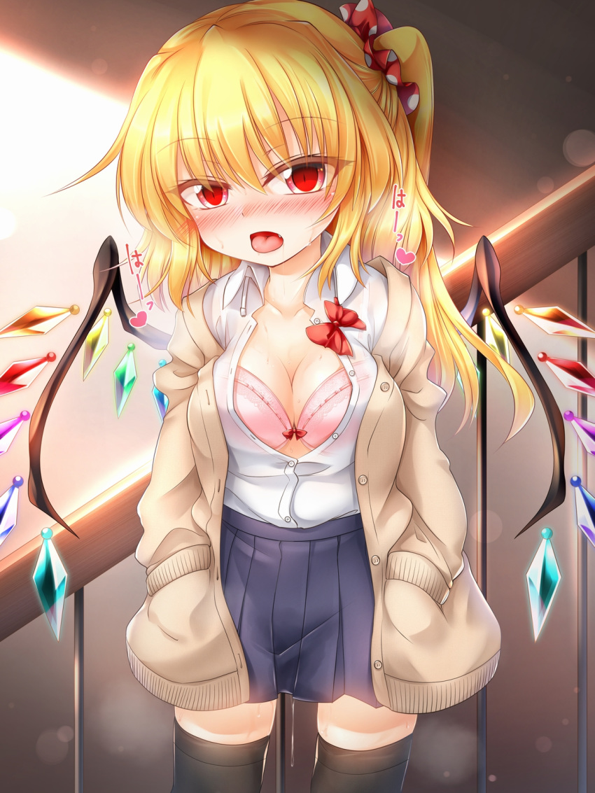 1girl alternate_breast_size bangs beige_jacket black_legwear blonde_hair blue_skirt blush bow bra breasts breath cardigan cleavage commentary_request cowboy_shot crystal eyebrows_visible_through_hair eyelashes fang flandre_scarlet grey_background hair_between_eyes hair_ornament hair_scrunchie hands_in_pockets head_tilt highres jacket large_breasts lens_flare long_hair long_sleeves looking_at_viewer m9kndi miniskirt no_hat no_headwear nose_blush one_side_up open_cardigan open_clothes open_jacket open_mouth pink_bra pleated_skirt polka_dot railing red_bow red_eyes red_scrunchie scrunchie shirt skirt solo standing sweat thighhighs thighs tongue touhou underwear white_shirt wing_collar wings zettai_ryouiki