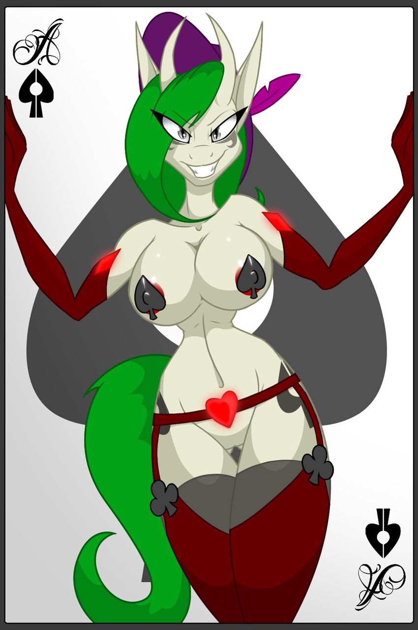 &#9824; &#9827; &#9830; ace_of_spades anthro big_breasts breasts card clothed clothing club diamond dicorn equine facial_markings feather female garter green_hair grey_eyes hair hat horn horse jrvanesbroek lingerie looking_at_viewer mammal markings my_little_pony nipples original_character pasties playing_card pony pussy skimpy smile snake_eyes_(oc) spade tartarus_pony teeth weapon