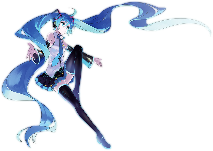 aqua_eyes aqua_hair detached_sleeves full_body hatsune_miku long_hair necktie osamu_(jagabata) skirt solo thighhighs transparent_background twintails very_long_hair vocaloid zettai_ryouiki