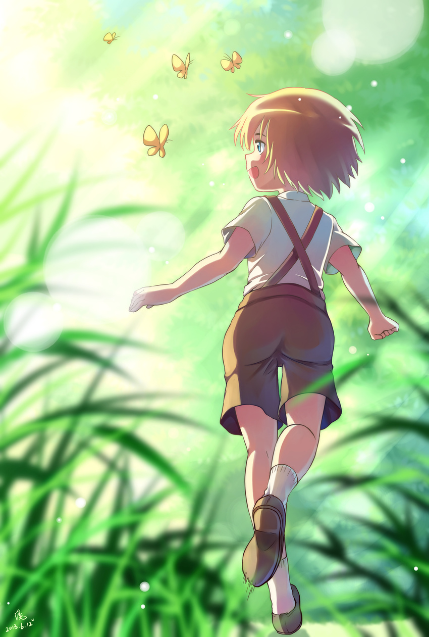 1boy 2013 absurdres armin_arlert blonde_hair blue_eyes butterfly child dated grass highres male male_focus moxue_qianxi open_mouth outdoors running shingeki_no_kyojin shirt shoes shorts socks solo suspenders walking