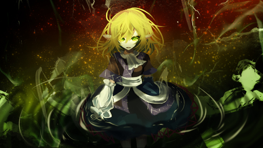 arm_warmers blonde_hair green_eyes highres light_particles mirimo mizuhashi_parsee pointy_ears scarf short_hair solo touhou