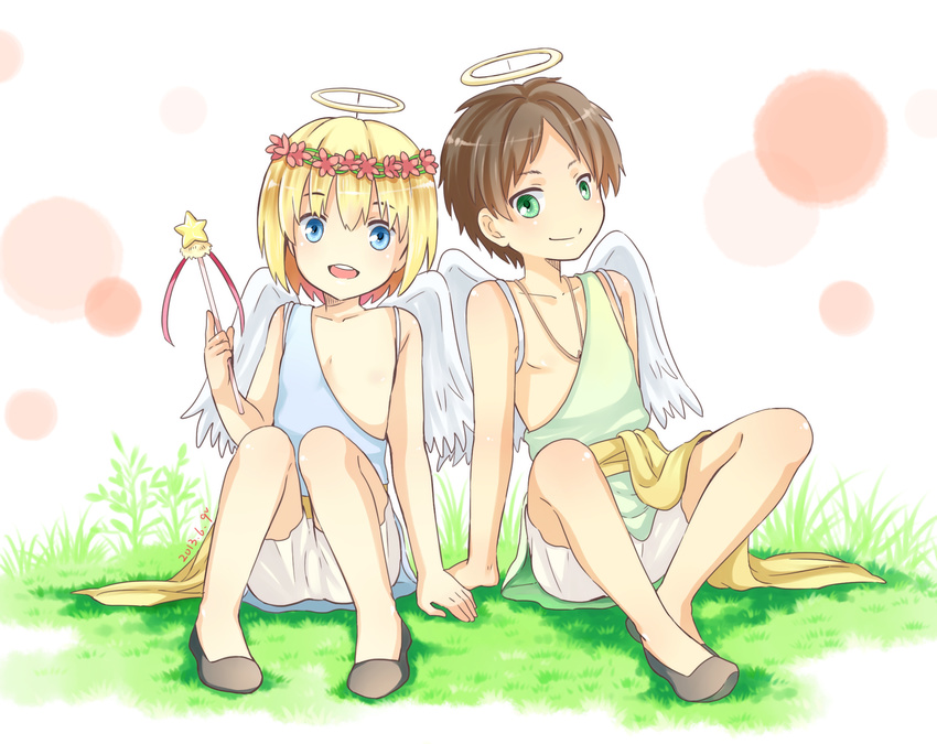 2013 2boys angel armin_arlert bird_wings blonde_hair blue_eyes boxers brown_hair child dated eren_yeager grass green_eyes halo highres male male_focus moxue_qianxi multiple_boys open_mouth outdoors shingeki_no_kyojin shoes short_hair shorts sitting smile toga underwear wand wings wreath