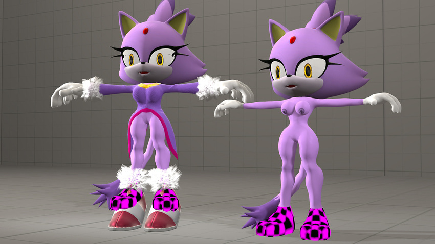 3d anthro areola blaze_the_cat breasts cat erect_nipples feline female mistersfm nipples nude pussy sega smile solo sonic_(series) two_tone_hair yellow_eyes