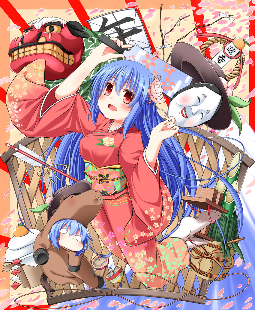 :3 absurdres alternate_hairstyle animal_costume arrow bamboo blush cherry_blossoms chibi face_mask fan floral_print flower food fruit geta gyroscope hair_flower hair_ornament hamaya happy_new_year hat highres hinanawi_tenshi horse_costume japanese_clothes kadomatsu kagami_mochi kimono long_hair long_sleeves mandarin_orange mask multiple_girls new_year noh_mask o_o obi open_mouth peach pink_hair sash smile touhou very_long_hair wakagi_repa wide_sleeves