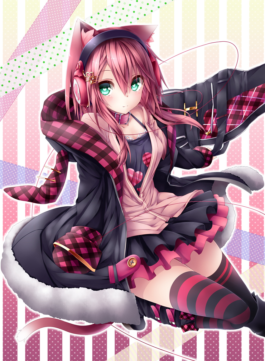 absurdres animal_ears black_legwear blush boots cat_ears cat_tail chabaneko coat collar green_eyes guitar_case hair_ornament hairclip headphones heart heart-shaped_pupils highres instrument_case long_hair looking_at_viewer md5_mismatch original pink_hair skirt smile solo striped striped_legwear symbol-shaped_pupils tail thighhighs yonari_phone_neon zettai_ryouiki