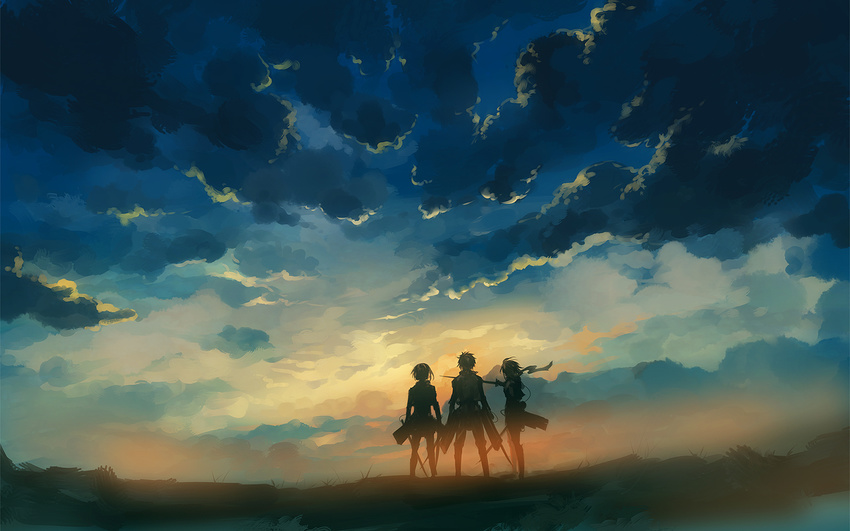 2boys armin_arlert back cloud cloudy_sky dual_wielding eren_yeager holding mikasa_ackerman multiple_boys nuriko-kun scarf scenery shingeki_no_kyojin short_hair silhouette sky sunset three-dimensional_maneuver_gear twilight