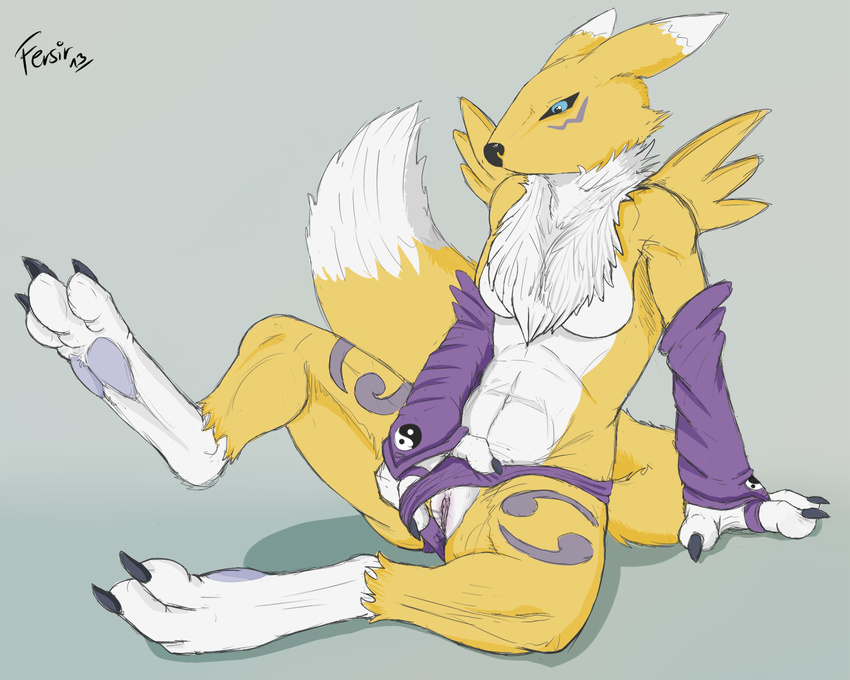 3_toes barefoot black_claws breasts canine claws digimon digitigrade female fersir fox hand_in_crotch hindpaw looking_at_self looking_down mammal panties panties_aside pawpads paws presenting pussy pussy_juice renamon sitting soles solo toe_claws toes underwear