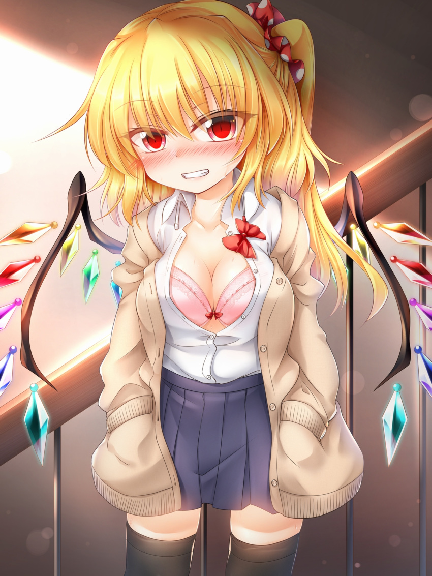 1girl alternate_breast_size bangs beige_jacket black_legwear blonde_hair blue_skirt blush bow bra breasts cardigan cleavage commentary_request cowboy_shot crystal eyebrows_visible_through_hair eyelashes fang flandre_scarlet grey_background grin hair_between_eyes hair_ornament hair_scrunchie hands_in_pockets head_tilt highres jacket large_breasts lens_flare long_hair long_sleeves looking_at_viewer m9kndi miniskirt no_hat no_headwear nose_blush one_side_up open_cardigan open_clothes open_jacket pink_bra pleated_skirt polka_dot railing red_bow red_eyes red_scrunchie scrunchie shirt skirt smile solo standing sweat thighhighs thighs touhou underwear white_shirt wing_collar wings zettai_ryouiki