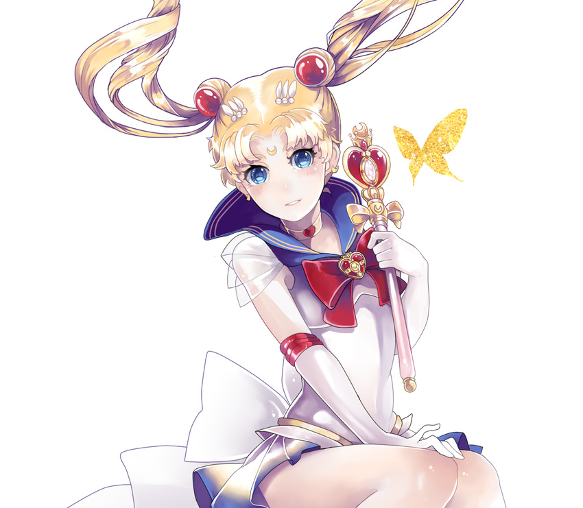 back_bow bad_id bad_pixiv_id bishoujo_senshi_sailor_moon blonde_hair blue_eyes blue_sailor_collar bow brooch choker crescent double_bun elbow_gloves facial_mark forehead_mark gloves heart heart_choker highres holding holding_wand jewelry kerogi_haku long_hair magical_girl multicolored multicolored_clothes multicolored_skirt red_bow ribbon sailor_collar sailor_moon sailor_senshi_uniform skirt smile solo spiral_heart_moon_rod super_sailor_moon tsukino_usagi twintails wand white_background white_gloves