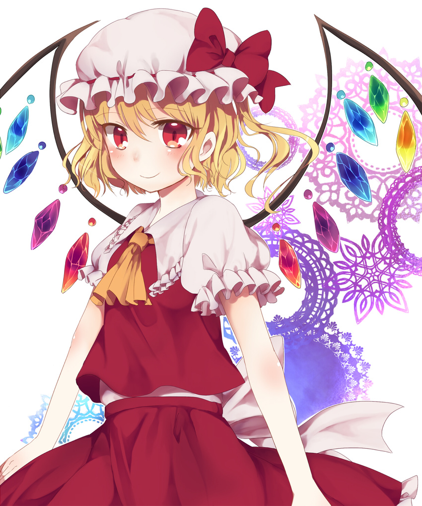 ascot blonde_hair bow flandre_scarlet hachimitsu_ame_(phoenix) hat hat_bow highres looking_at_viewer mob_cap puffy_sleeves red_eyes shirt short_sleeves side_ponytail skirt skirt_set slit_pupils smile solo touhou vest wings