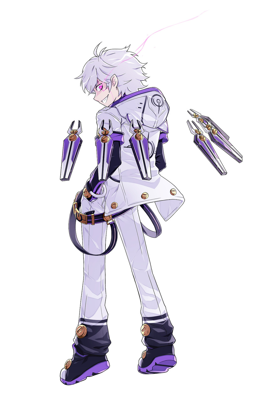 add_(elsword) belt elsword full_body gloves glowing glowing_eye grin hands_in_pockets highres hood hoodie hwansang jacket looking_back male_focus official_art pants purple_eyes shirt shoes smile solo tracer_(elsword) white_background white_hair