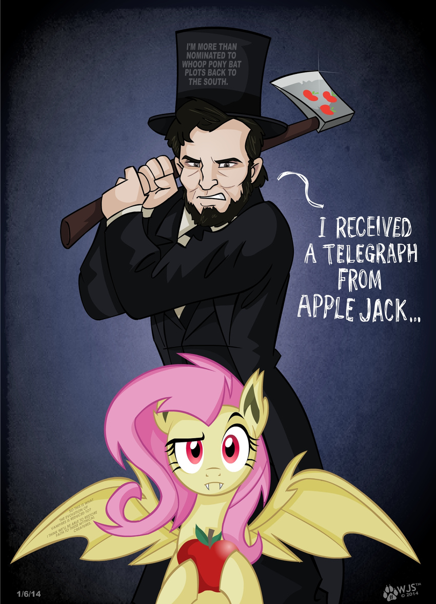 abraham_lincoln apple axe bat_pony bat_wings beard black_hair clothing dialog english_text equine facial_hair fangs female flutterbat_(mlp) fluttershy_(mlp) friendship_is_magic front fruit grey_eyes hair hat horse human long_hair looking_at_viewer mammal messy_hair my_little_pony necktie pegasus pink_eyes pink_hair pony raised_eyebrow red_eyes sparkle standing suit text top_hat vampire weapon wings wolfjedisamuel