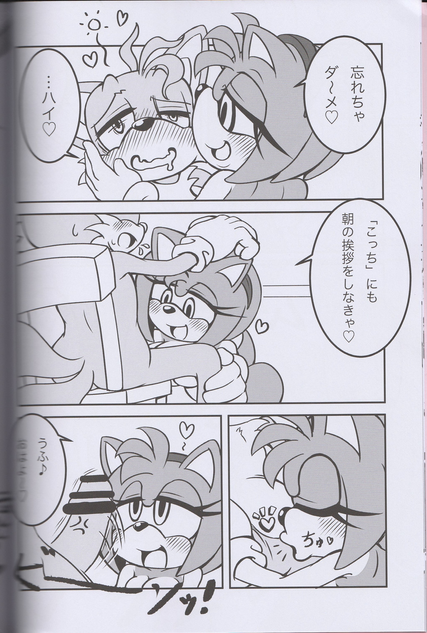 amy_rose anthro big_breasts breasts canine comic erection female fox hedgehog japanese_text kissing male mammal michiyoshi miles_prower monochrome penis sega sonic_(series) text