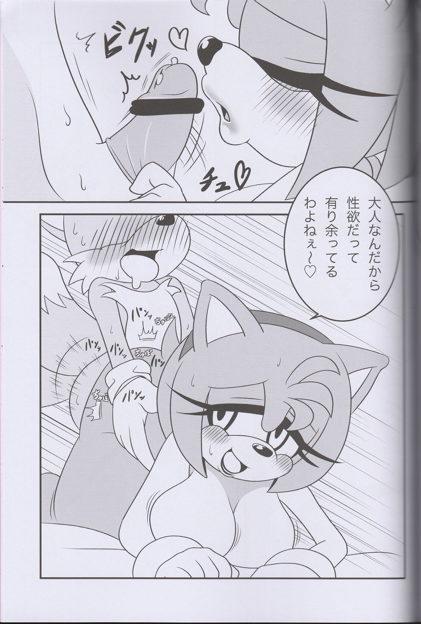 amy_rose anthro big_breasts breasts canine comic condom erection female fox hedgehog japanese_text male mammal michiyoshi miles_prower monochrome nude penetration penis sega sex sonic_(series) straight text