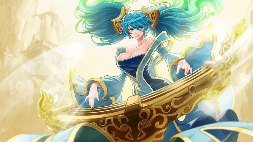 blue_hair breasts cleavage goomrrat gradient_hair highres instrument large_breasts league_of_legends long_hair multicolored_hair solo sona_buvelle