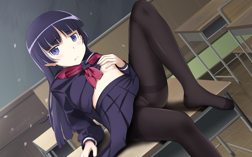 edogawakid gokou_ruri long_hair ore_no_imouto_ga_konna_ni_kawaii_wake_ga_nai pantyhose petals purple_eyes purple_hair seifuku shirt_lift signed skirt