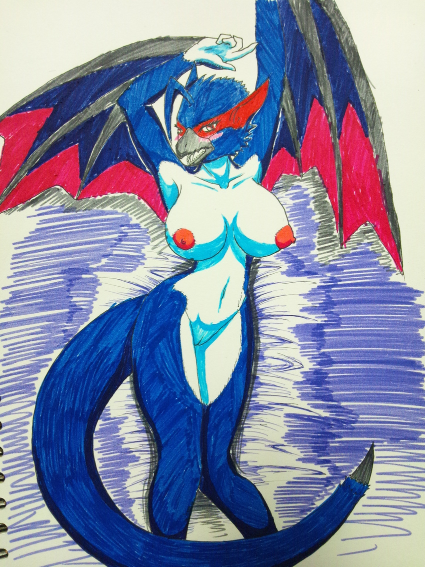 blush breasts dragon female looking_at_viewer monster_hunter nargacuga nude pussy red_eyes solo traditional_media video_games watercolor wings wyvern