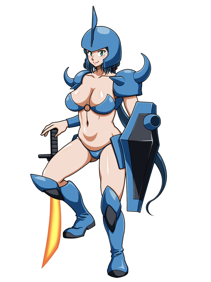 armor artist_request bikini bikini_armor blue_bikini blue_hair blush boots breasts cleavage full_body gouf gouf_lady green_eyes gundam gundam_build_fighters gundam_msv highres iori_rinko large_breasts long_hair looking_at_viewer mature mecha_musume navel o-ring o-ring_top ponytail shield shiny shiny_skin simple_background smile solo spikes swimsuit sword weapon