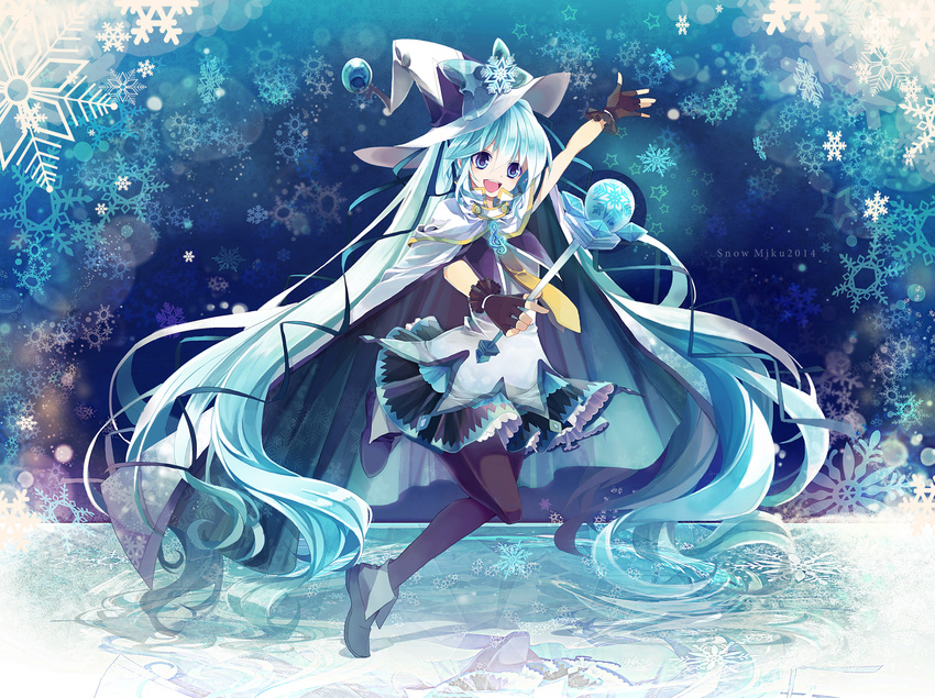 :d aqua_eyes aqua_hair bad_id bad_pixiv_id black_gloves black_legwear bow cape dress fingerless_gloves gloves hat hat_bow hatsune_miku highres long_hair open_mouth pantyhose revision smile snowflakes solo staff suki!_yuki!_maji_magic_(vocaloid) t_miyanagi twintails very_long_hair vocaloid witch_hat yuki_miku