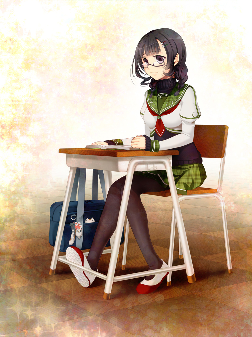 absurdres bag black_eyes black_hair braid cat chair desk glasses hair_ornament hair_over_shoulder hairclip highres keychain original oyuki_(otozuki_mozuku) pantyhose school_bag school_uniform serafuku sitting skirt smile solo sweater twin_braids twintails