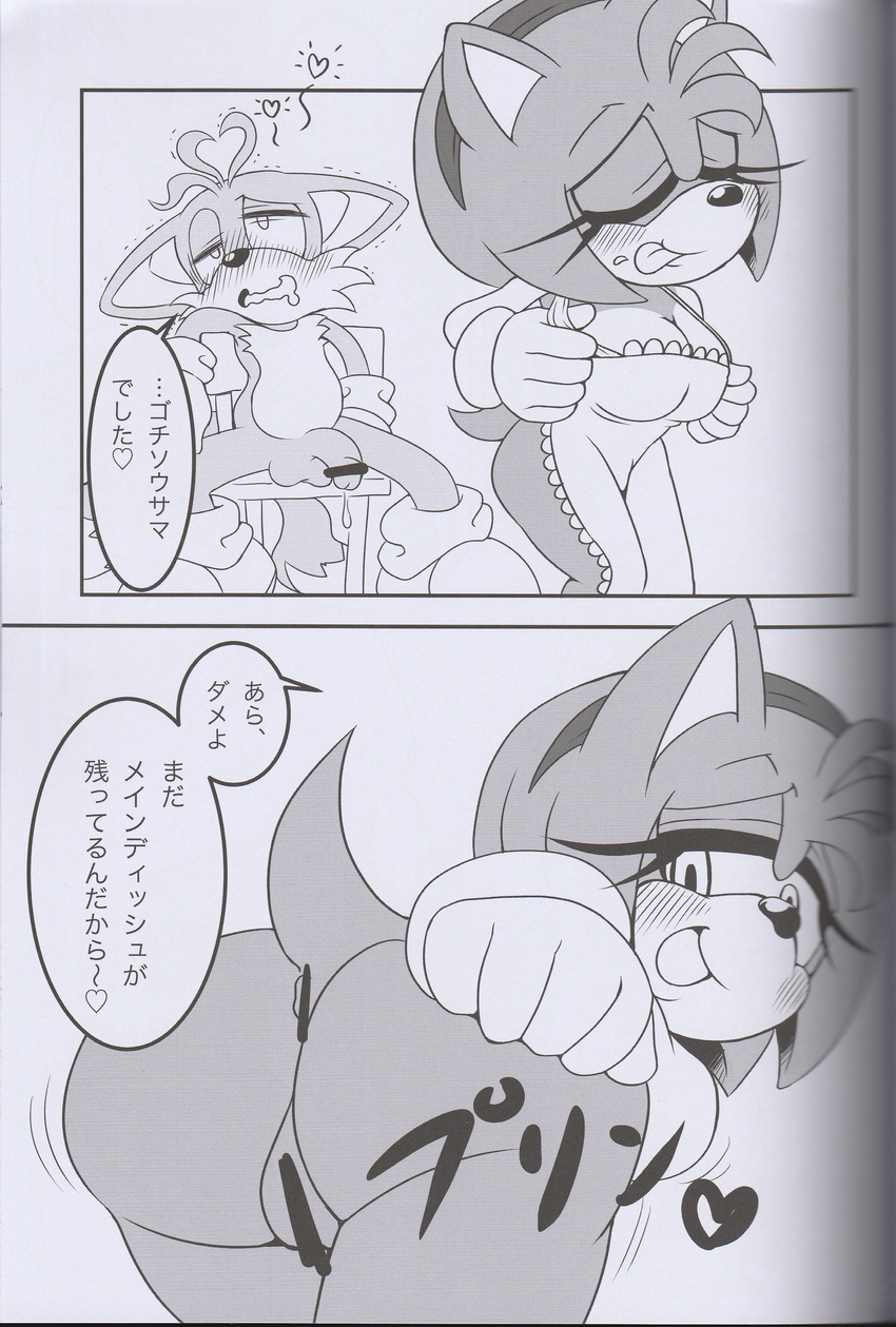 amy_rose anthro anus balls big_breasts breasts butt canine cleavage clothed clothing comic female flaccid fox hedgehog japanese_text male mammal michiyoshi miles_prower monochrome penis presenting presenting_hindquarters pussy sega sonic_(series) text