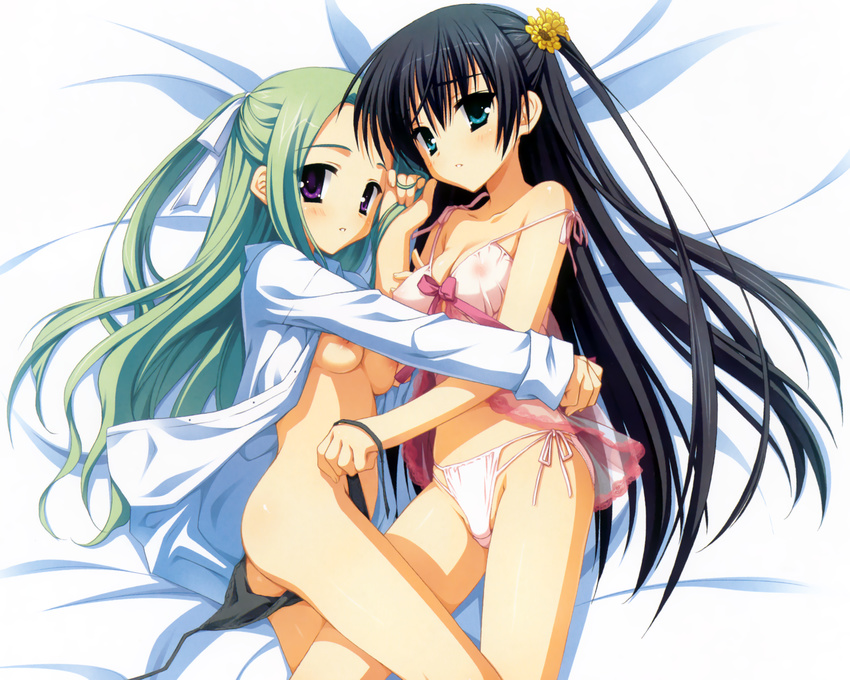 2girls bed black_hair blush bra breasts green_hair kobuichi kousaka_chihaya long_hair muririn natsuzora_kanata nipples open_shirt panties see_through shichijou_sasara underwear yuzusoft