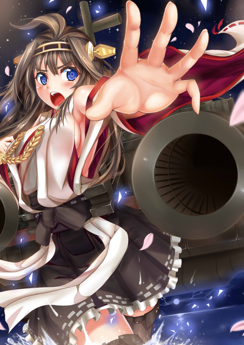 absurdres bare_shoulders black_legwear blue_eyes blush boots breasts brown_hair cannon cherry_blossoms cloud detached_sleeves double_bun full_moon hair_ornament hairband hasaya headgear highres japanese_clothes kantai_collection kongou_(kantai_collection) long_hair medium_breasts moon night night_sky nontraditional_miko open_mouth petals skirt sky solo thigh_boots thighhighs turret water