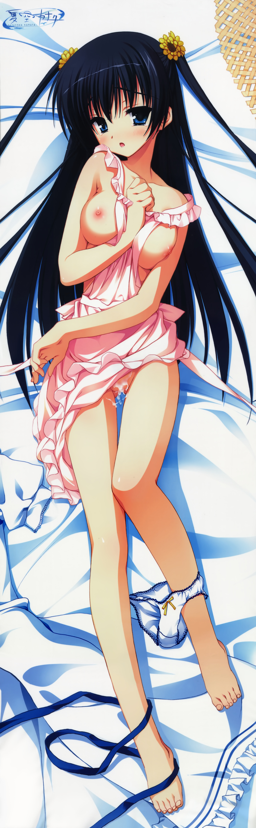 1girl absurdres apron areola_slip areolae bangs bare_legs bare_shoulders barefoot bed_sheet between_breasts black_hair blue_eyes blunt_bangs blush bow bow_panties breast_hold breasts clothes clothes_on_floor collarbone cum dakimakura embarrassed feet flower frills hair_flower hair_ornament hand_between_breasts highres kobuichi kousaka_chihaya lace-trimmed_panties legs long_hair long_legs looking_at_viewer lying naked_apron natsuzora_kanata nipples official_art on_back panties panties_around_leg pussy ribbon shy sideboob solo tears toes twintails underwear white_panties yuzu-soft